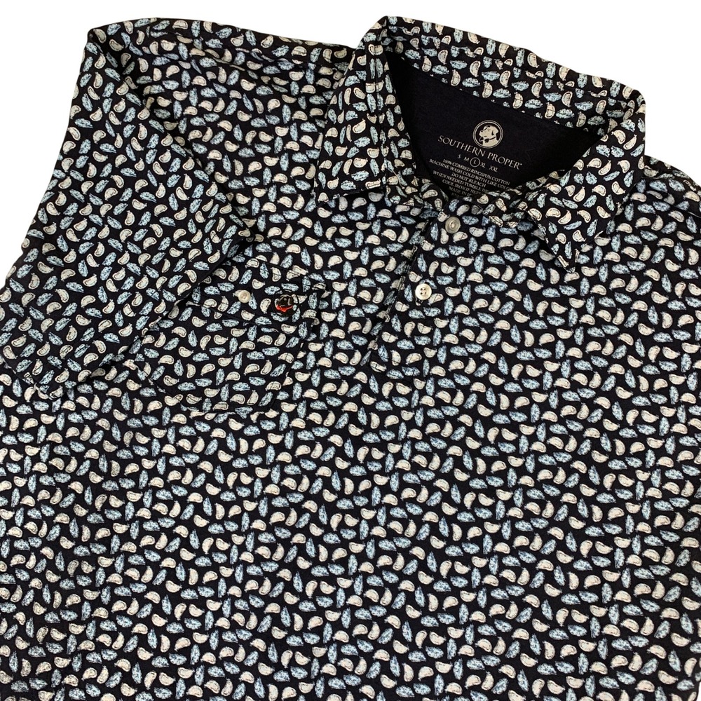 Southern Proper Mens Large Navy Blue Micro Print Cotton‎ Short Sleeve Polo Shirt